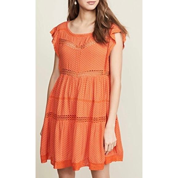 Free People small orange Retro Kitty Crochet Trim Mini Babydoll Tangerine Dress - Picture 1 of 7